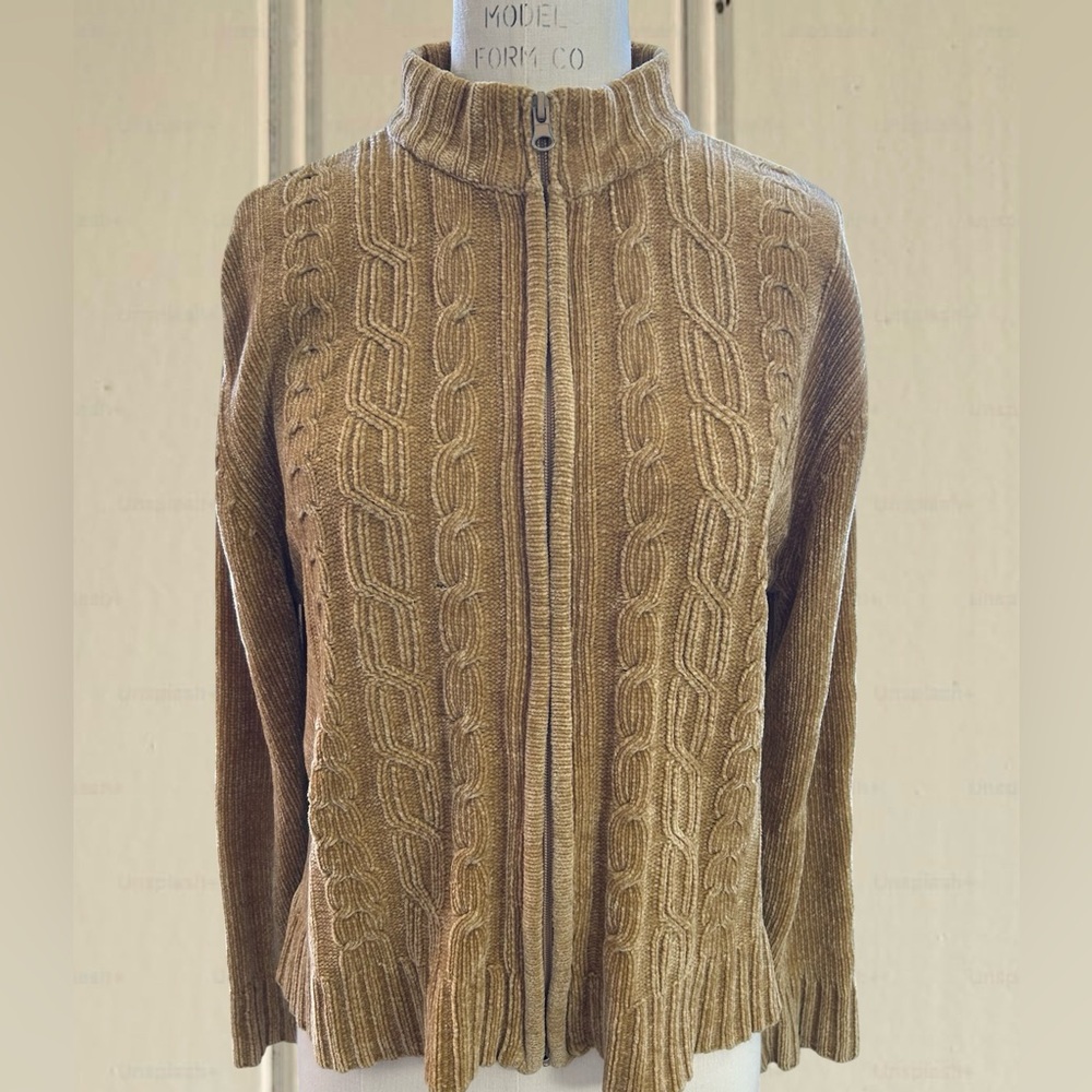 Vintage DesignerOne Studio Mock Neck Chenille Zip Up Sweater, Size Lg (Petites)
